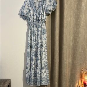 Blue Puff Sleeve V-Neck Maxi Sundress